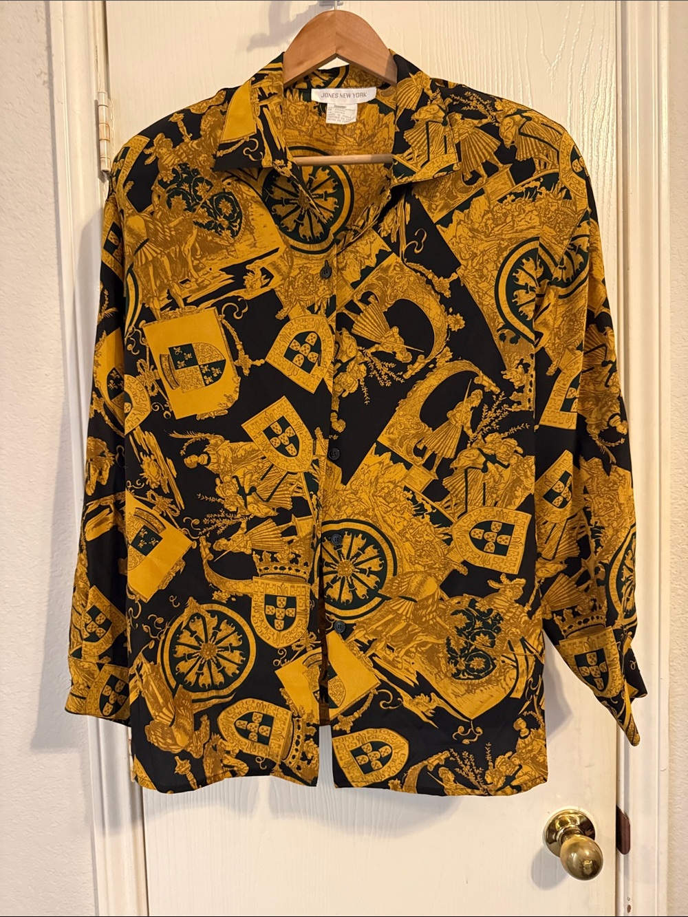 Jones New York Black and Gold Heraldic Print Button-Down Shirt